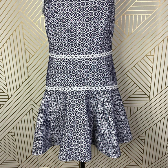 Anthropologie Monique Lhuillier Meagan Dress Geometric Navy Blue White Size 12 - Picture 6 of 12